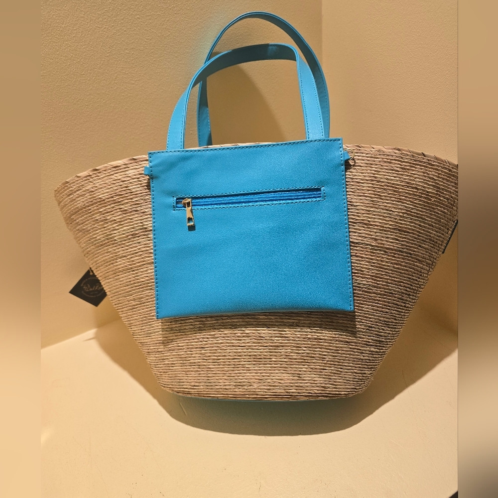 By Del Rio Straw Tote With Caribbean Blue Leather Trim NWT